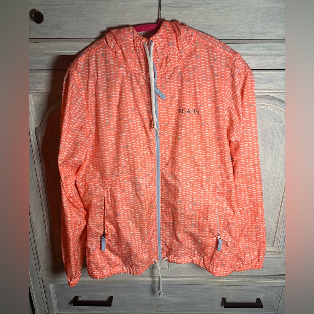Columbia Neon‎ Orange Retro 90’s Printed Flash Forward Windbreaker Rain Outdoors - Picture 2 of 9